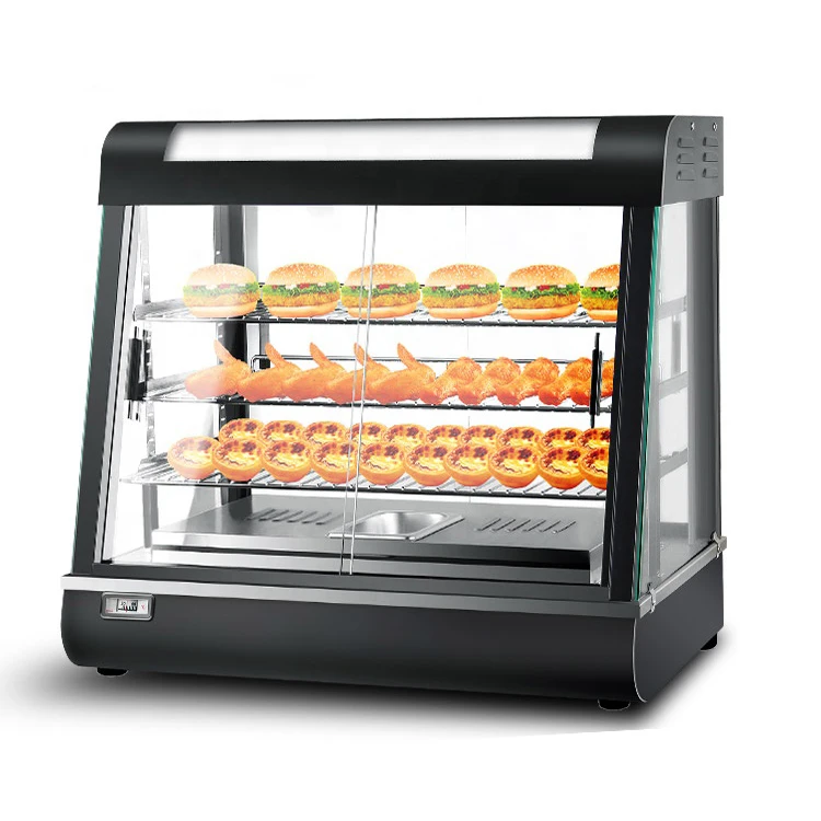 

Hot sale black coated food showcase food warming display cake chips warmer cabinet with glass LED light 3 shelves