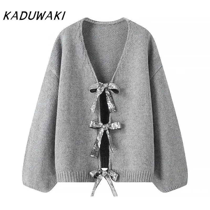 KADUWAKI-Cardigan rétro à paillettes à manches longues avec nœud classique, pulls polyvalents, mode automne et hiver