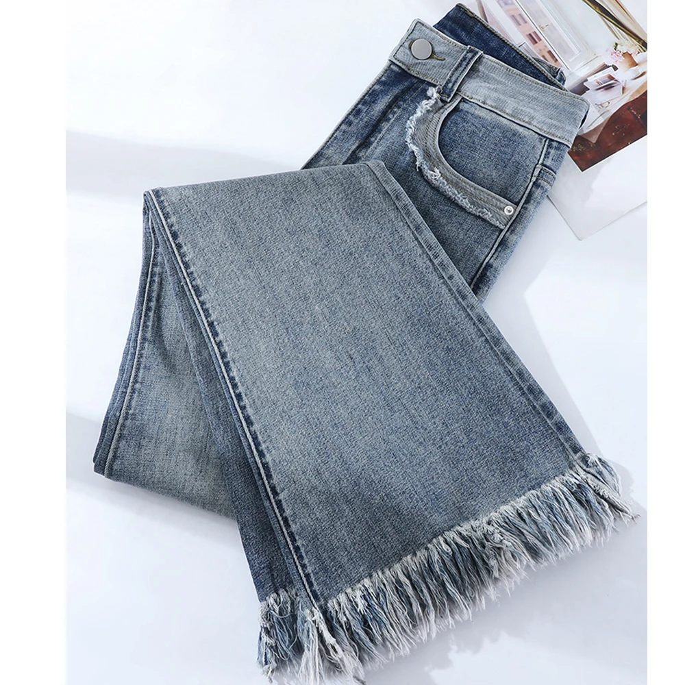 Korean Fashion Women's Pants Vintage Jeans Woman High Waist Streetwear Straight Leg Jeans Female Clothing Flare Denim Blue