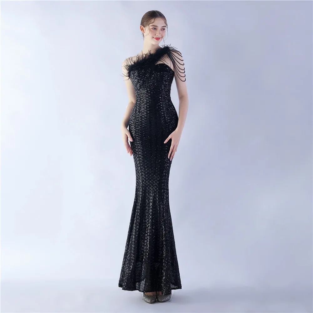 

Ostrich feather beading Sequin evening dress sexy slim dress shiny dress Vestido de festa luxo dubai prom dress vestido coctel