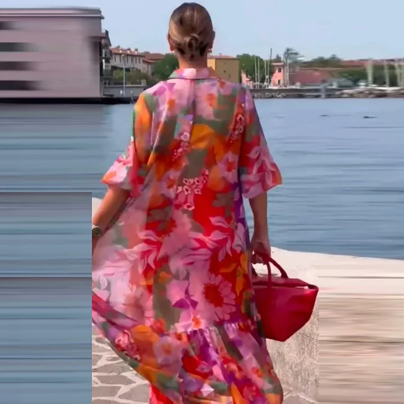 Letnie sukienki w stylu bohemy dla kobiet Sukienka długa z nadrukiem kwiatowym Sukienki w stylu boho na wakacje na plaży Casualowa sukienka z półrękawkiem Luźna sukienka na imprezę