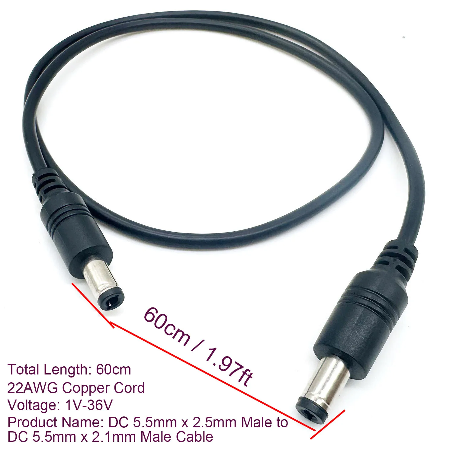 2pcs DC Power 5.5mm x 2.1mm Male To 5.5 x 2.5mm Male Adapter Cable LED Strip Surveillance Camera CCTV IP Camera DVR Router 22AWG