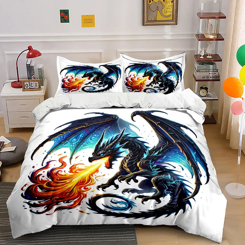 Vibrant dragon spewing fiery flames Print Bedding Set 1 Duvet Cover 2 Pillowcases for Adult and Children Luxury Gift Full Size