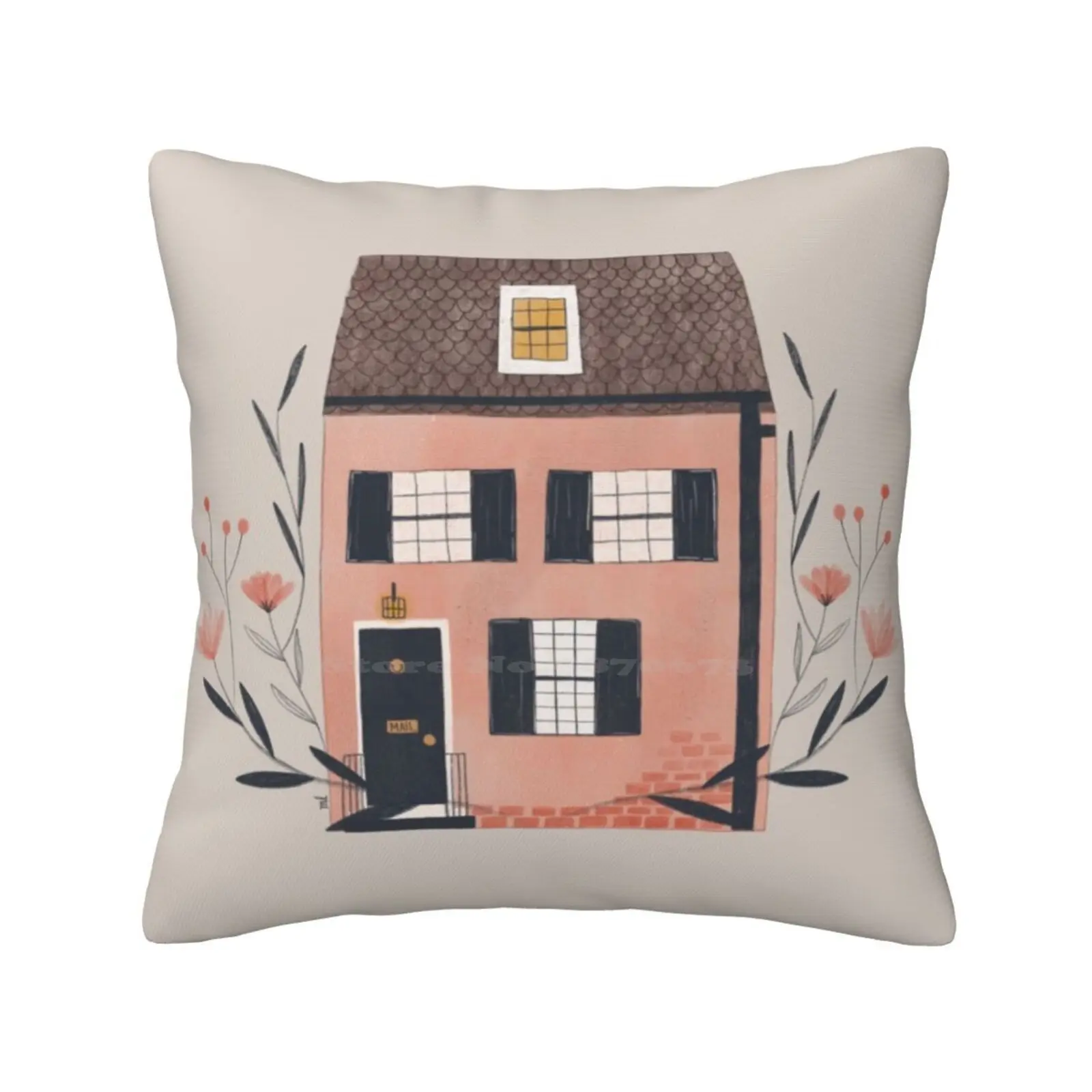 

Home Sweet Home Pillows Case Bedroom Home Decoration House Illustration Pink House Cozy Floral Pink Flowers Home Sweet Home