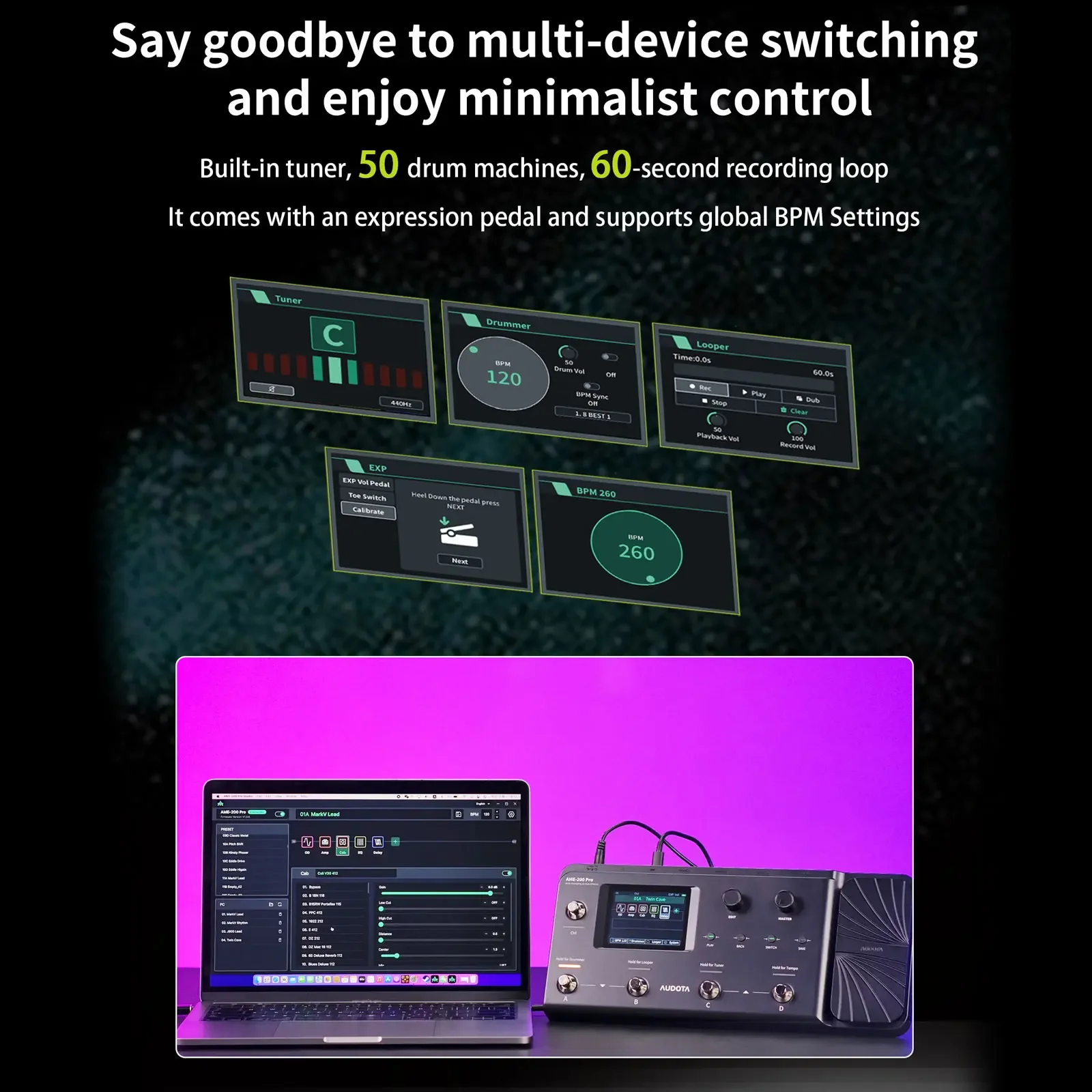 

Audota Ame-200 Pro Amp Modeler: 200 Presets, 10 Effects, Expression Pedal, Tuner, Looper & Rechargeable Battery
