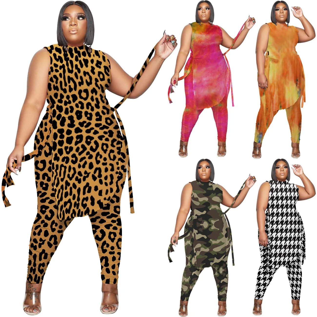 

Женский повседневный свободный комплект из двух предметов с леопардовым принтом больших размеров, модные длинные брюки, ансамбль на весну