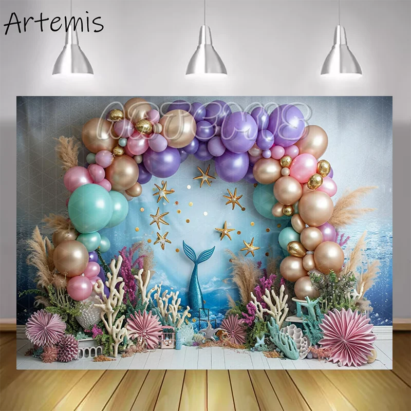 Mermaid Photography Backdrop Sea Coralline Foam Starfish Balloon Arch Baby Shower Birthday Cake Smash Background Photo Studio