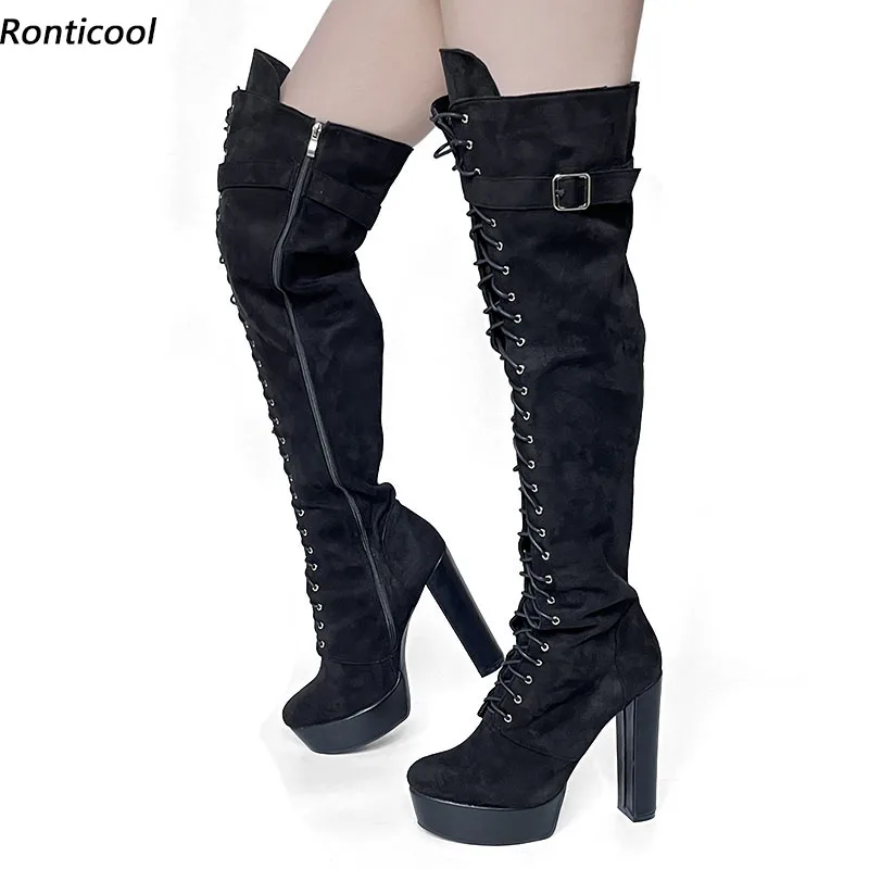 

Ronticool/Новые женские зимние ботинки с пряжкой и ремешком на блочном каблуке, женская элегантная черная обувь для вечеринок с круглым носком, размер США 5-20