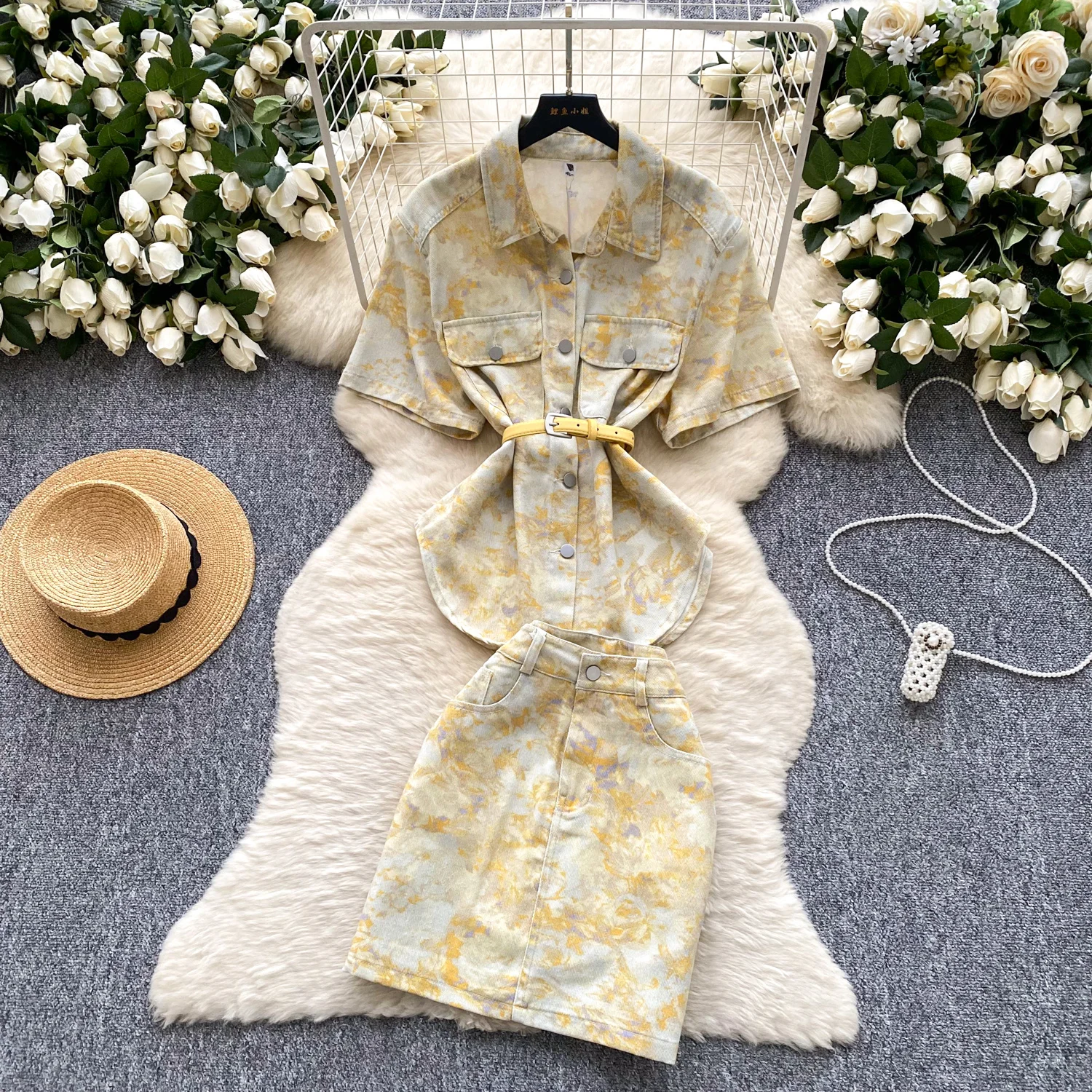 European-style Vintage Distressed Print Set For Women Summer Belts Denim Shirt + High-waisted Slim Mini Skirts