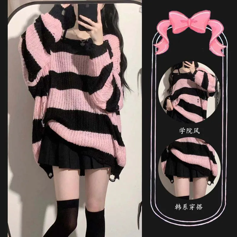

Осень/зима, новый длинный свитер в стиле панк-готика, женский полосатый крутой джемпер с открытыми отверстиями, свободные тонкие темные уличные топы в стиле рок