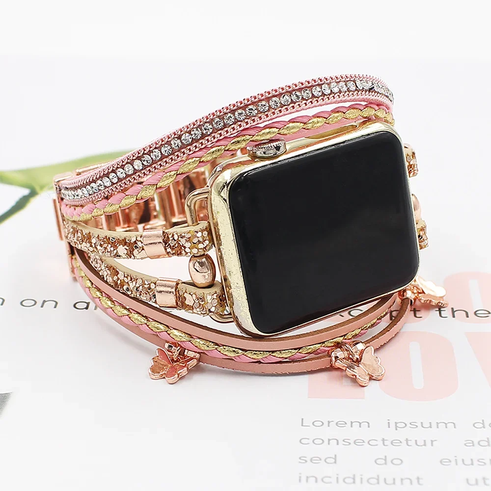 Bohemia Strap For Apple Watch ultra 2 49mm 45mm 44mm-41-40-42mm women Luxury Leather bracelet iwatch series 9 8 7 5 4 6 SE band