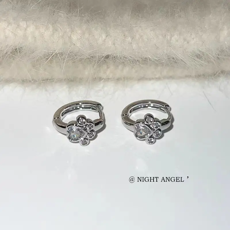 Silver Color Cat Paw Hoop Earrings Light Blue Heart Shape Round Crystal Stone Cute Girls Earrings Jewelry Festival  Party image 6