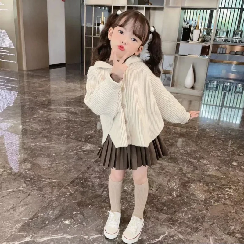 Children Sweater Suits 2024 Autumn New Girl Baby Korean Academy Style Cardigan Girls Fashion Pleated Skirt Set Two-piece Set