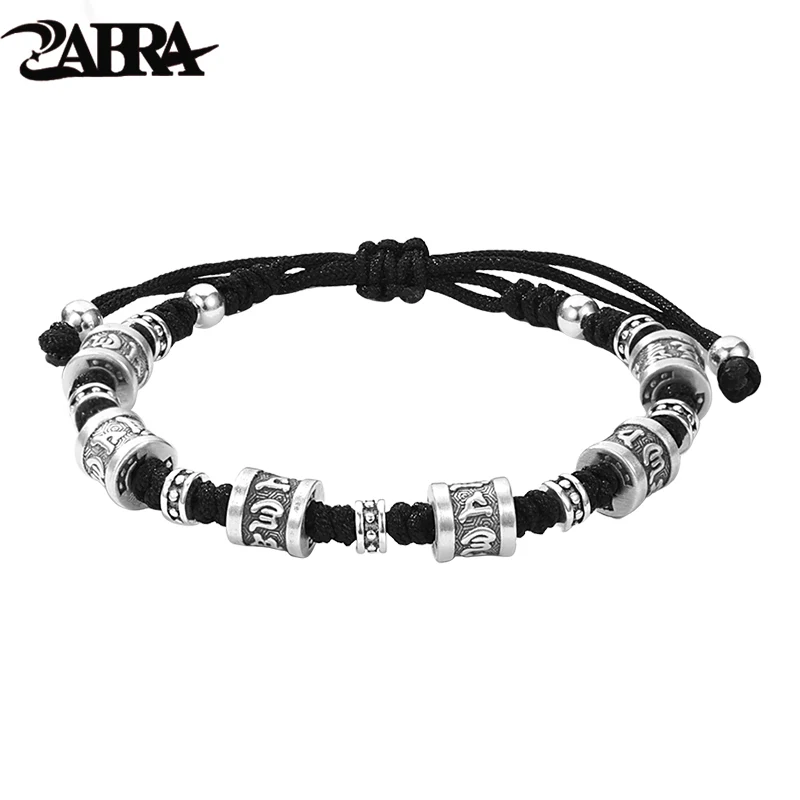 ZABRA 999 Sterling Silver Transfer Bead Bracelet for Men, Retro Ethnic Style Six Character Mantra Bracelet, Hand Rope