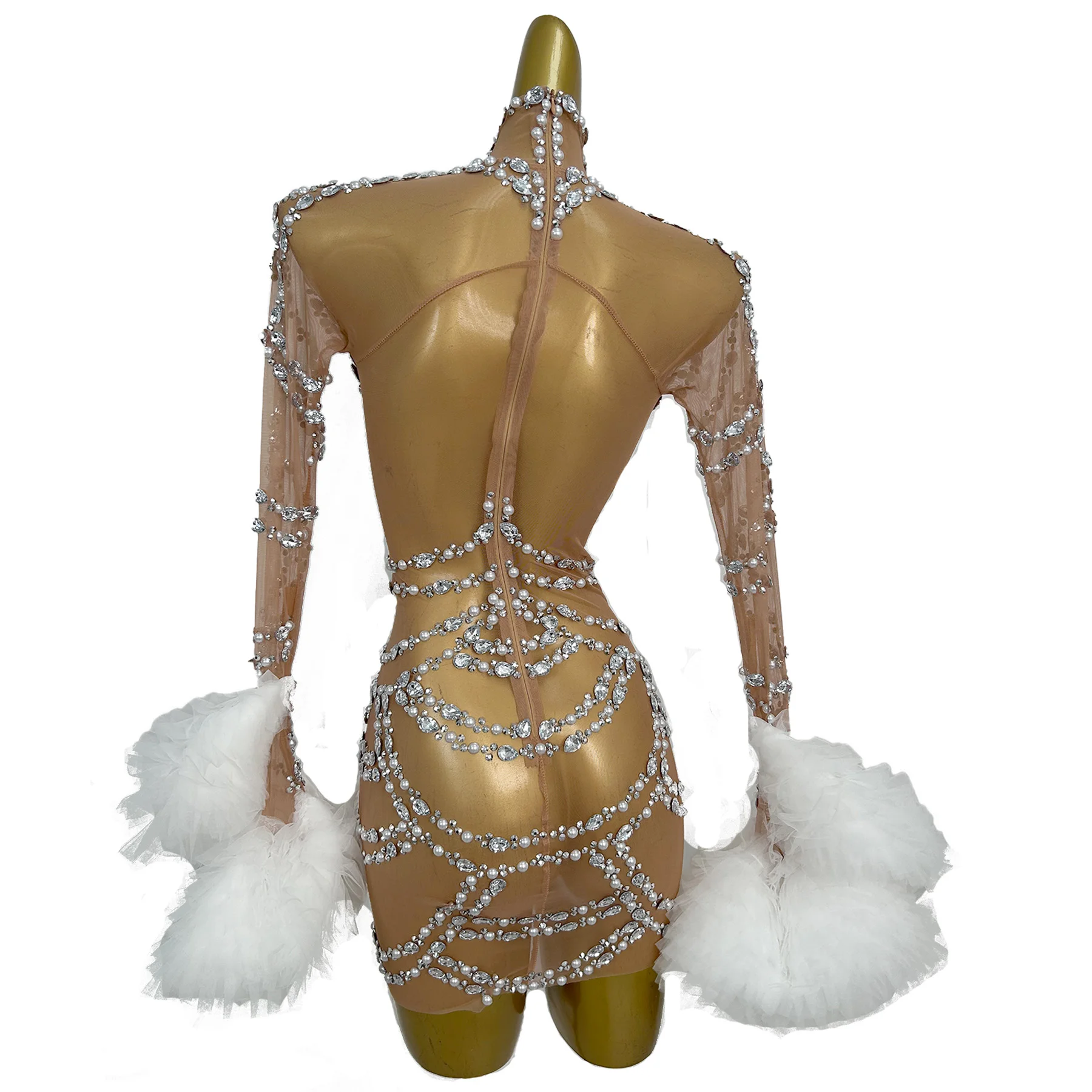 Elegancka sukienka Maozhua dla kobiet, biała, z siateczki, z puszystymi rękawami, błyszcząca, z dżetami i perłami, przezroczysta spódnica z siateczki, sukienka do tańca w stylu gwiazd.