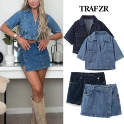 TRAF ZR Women's Denim 2 Piece Shorts Set Vintage Skort Sets Cropped V-neck Lapel Collar Denim Top Wrap Skorts Jean Two Piece Set