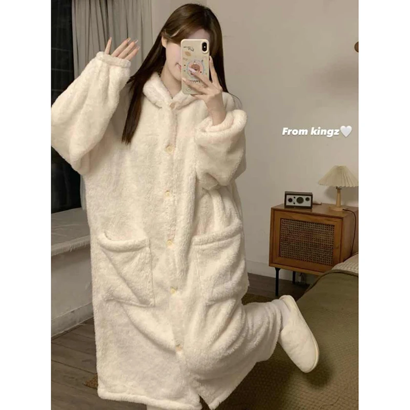 Rubbit Robe Women Sleepwear Hooded Nightdress Winter Fleece Pajama Night Wears Warm One Piece Nightgown Ruffles Homewear 2024