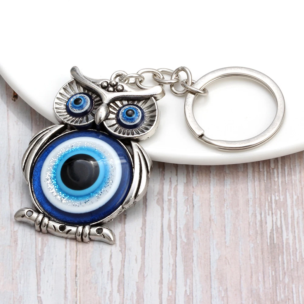 Lucky Eye Alloy Owl Animal Keychain Blue Turkish Evil Eye Pendant Car Key Chain Phone Charm Keyring Jewelry Protection Amulet