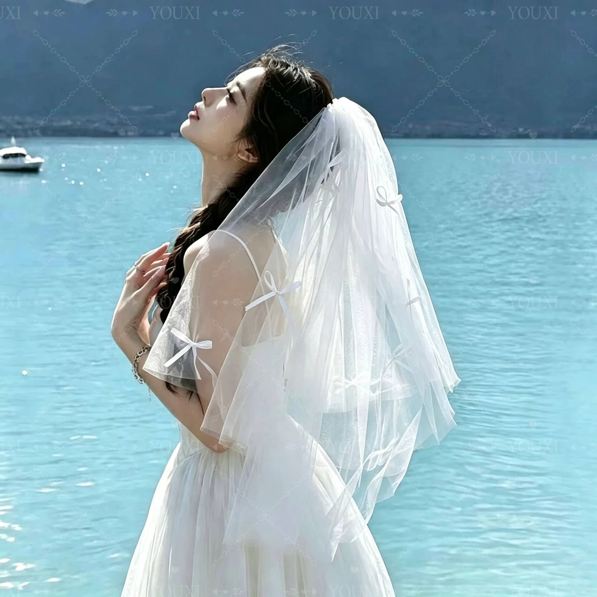 Korean Style Pearl Fairy Bridal Veil Butterfly Wedding Hair Accessory Cute Photo Shoot Bridal Headwear for Brides