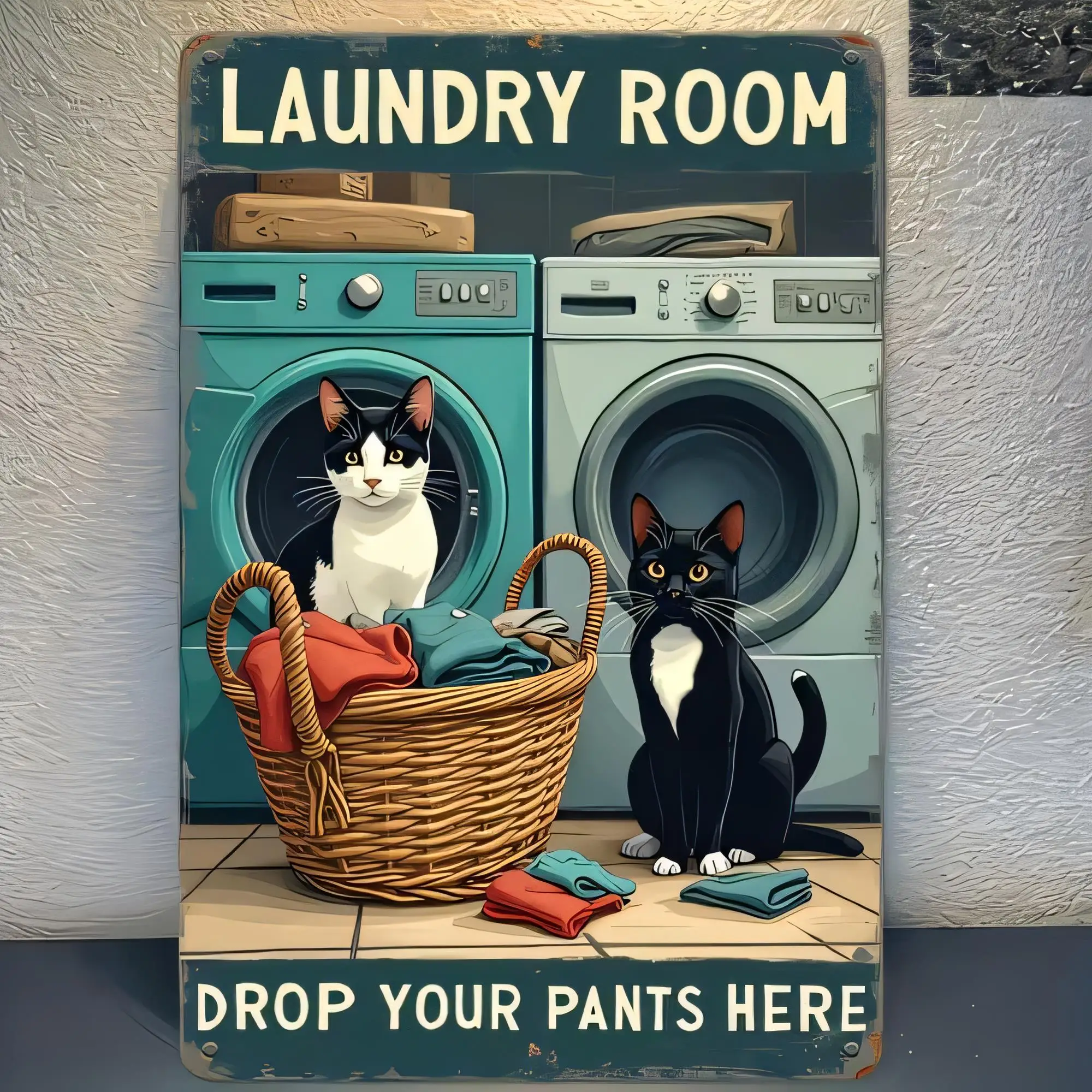 Laundry Room Decor Tin Sign, Cute Black and White Cat Holding Towels Vintage Retro Metal Wall Plaque, Funny Drop Your Pants Here