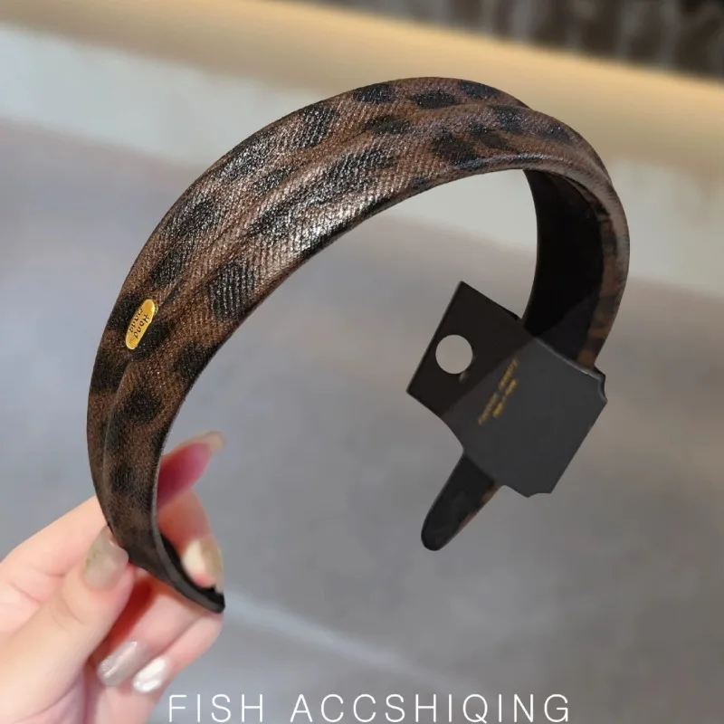 New autumn winter leopard print leather headband high skull top wide edge hair accessories fashion