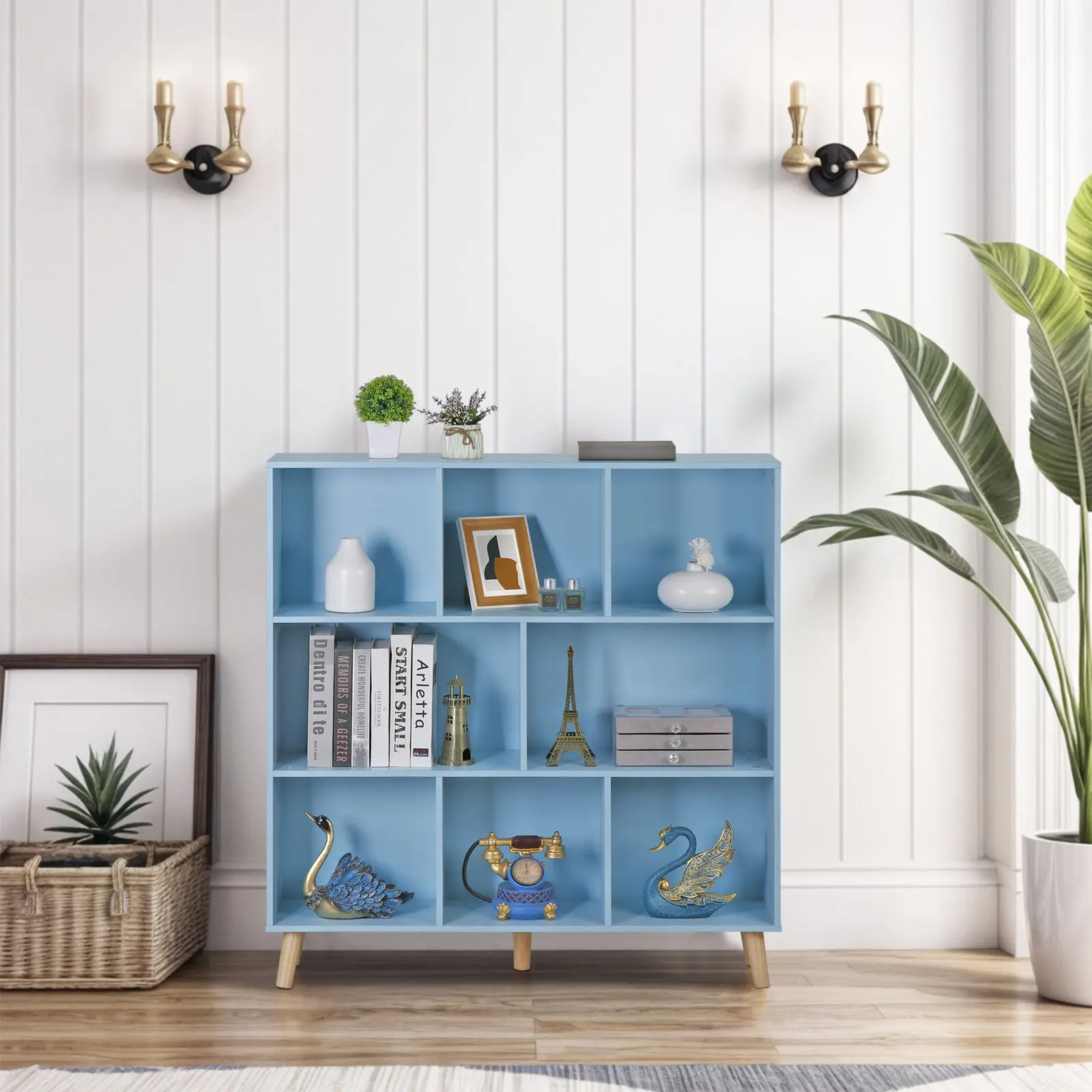 

Wooden 8 Cube Bookshelf 3 Tier Blue Modern Bookcase Open Storage Cabinet w/Legs