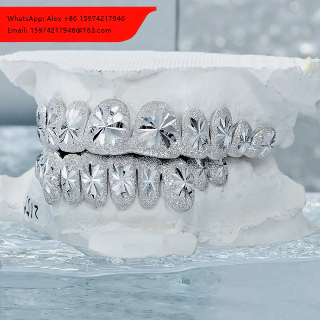 Custom Fit Diamond Cut Hip Hop Hand Make Diamond Dust 925 Sterling Silver Dazzling Grillz For Teeth