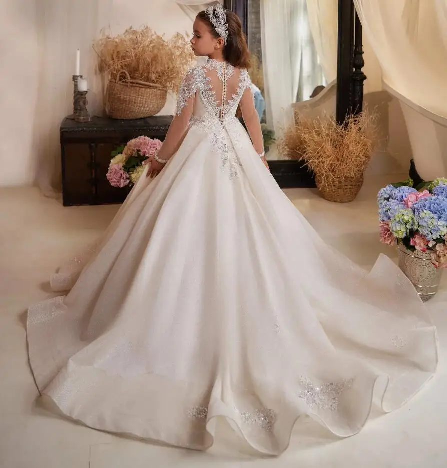 Vestido de lantejoulas elegante com renda inchado para meninas, beading, manga cheia, crianças, aniversário, vestidos de primeira comunhão, florista, casamento, 2024