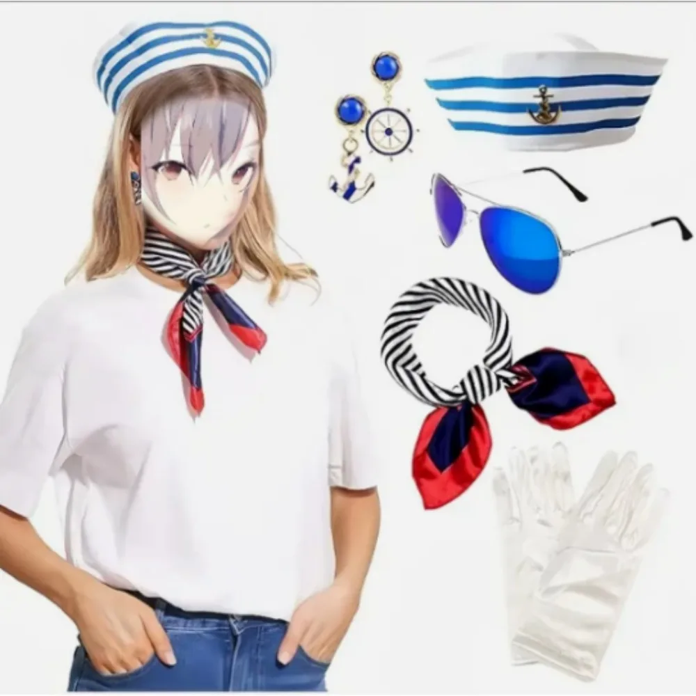 セーラー服を着たセーラー帽子、スカーフ、アンカー型ペンダント、イヤリング、手袋、その他の海軍兵士に適したアクセサリー