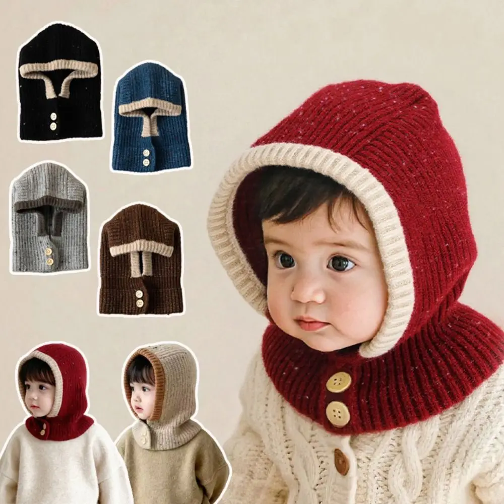 Versatile Thick Balaclava Hat Windproof Cold-Proof Knitted Beanie Soft Warm Integrated Scarf Cap for Kids