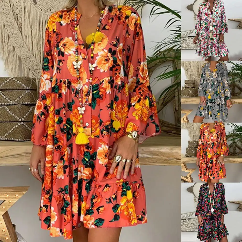 

Fashion Beach Dress Summer Buttons Casual Flower Print Ruffled Dress Mini Dress Skin-friendly