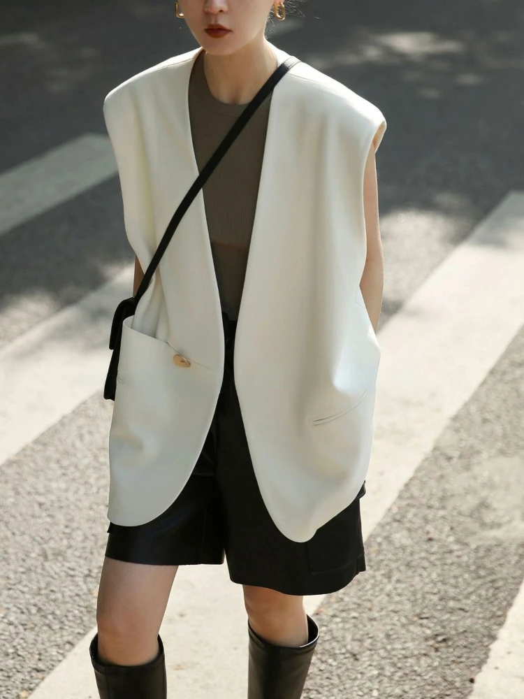 

Women Suit Vests Sleeveless Cardigan V-neck Jackes Designer Clothing Button Loose Waistcoat Spring Autumn Coat Black White Tops