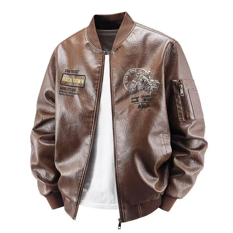 Spring and Autumn New American Retro Embroidered Black Leather Jacket Men's Motorcycle Coffee Color Fleece Lined Leather Jacket