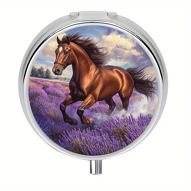 Single-piece, flat, round box, box with 3 compartments, lavender horse-themed box, storage box, decorative vitamin storage box, suitable for handbags and travel, unique and creative