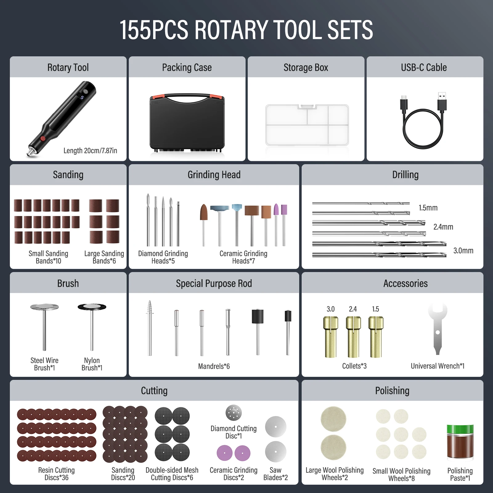 155PCS Cordless Rotary Tool Kit Adjustable Speeds Electric Rotary for Grinding,Carving,Polishing,Drilling Type-C Quick Charging