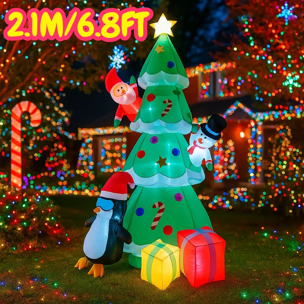 6.8FT Christmas Decorations Inflatable Christmas Tree Snowman Penguin Gift Box Toys Home Yard Ornaments with LED Pary Decor Toy