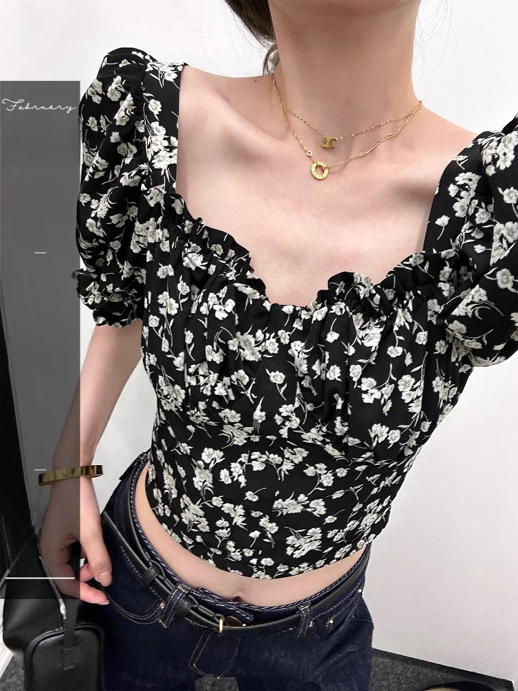 

Linyings Rose Holiday Women's Floral Print Shirt Bubble Sleeve U-Neck Slim Fit Short Sleeve Cool Feeling Summer Top