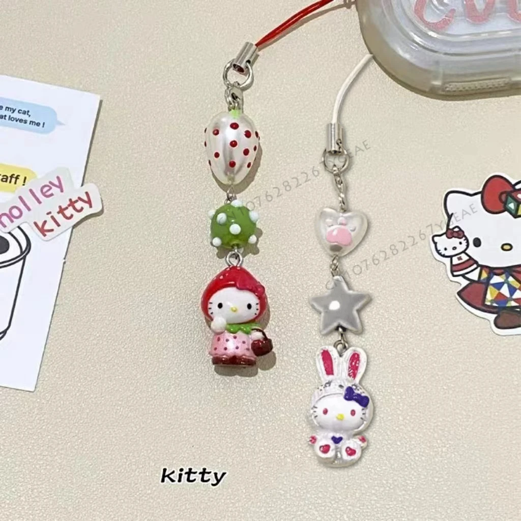 Kawaii Sanrio Hand-made Sanrioed White Drag Rabbit Hello Kitty Beaded Mobile Phone Chain Cute Niche Birthday Gift Pendant