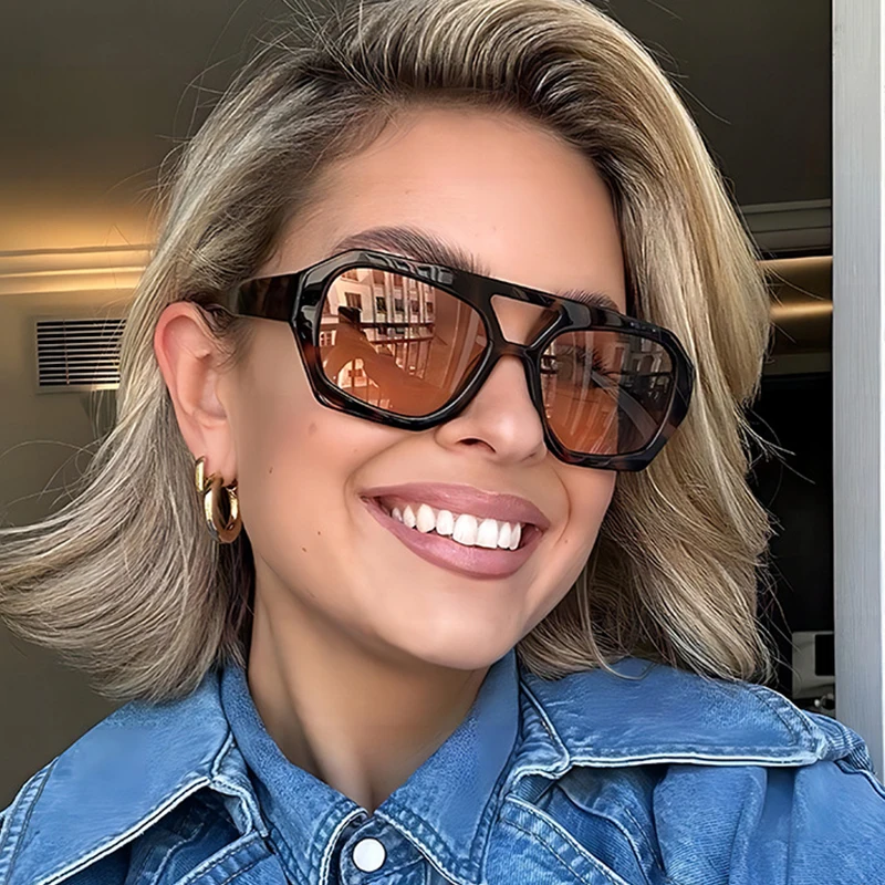 Retro Double Bridges Women\'s Sunglasses Big Frame Leopard Tea Gradient Shades Eyewear Fashion Luxury Designer Men Sunglassses