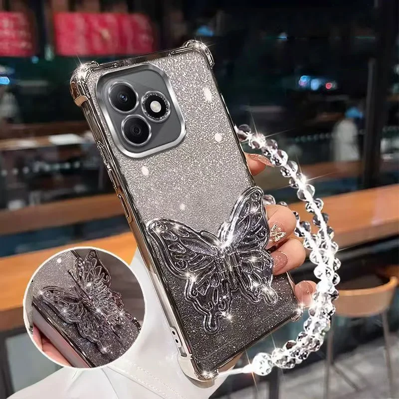 Shockproof Glitter Plating Case for Honor 400 Lite Honor400 Honor 400 Pro 400Pro Crystal Bracelet Holder Butterfly Bracket Cover