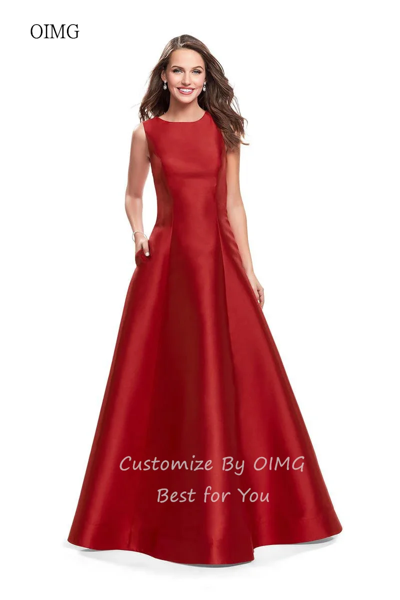 OIMG Rot Satin A-linie Formale Event Abendkleid Hochzeit O Neck Ärmellose Prom Party Kleider vestidos de noche Angepasst