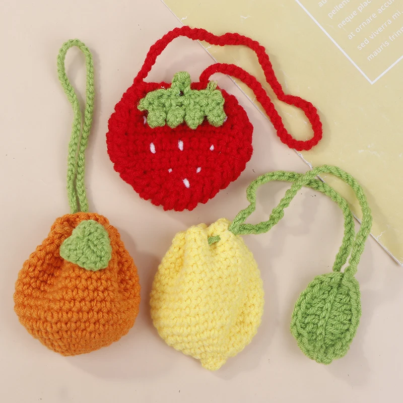 Handmade Wool Knitting Lemon/Strawberry/Orange Coin Purse Crochet Drawstring Bag Cute Fruit Drawstring Crochet Purse Kids Bags