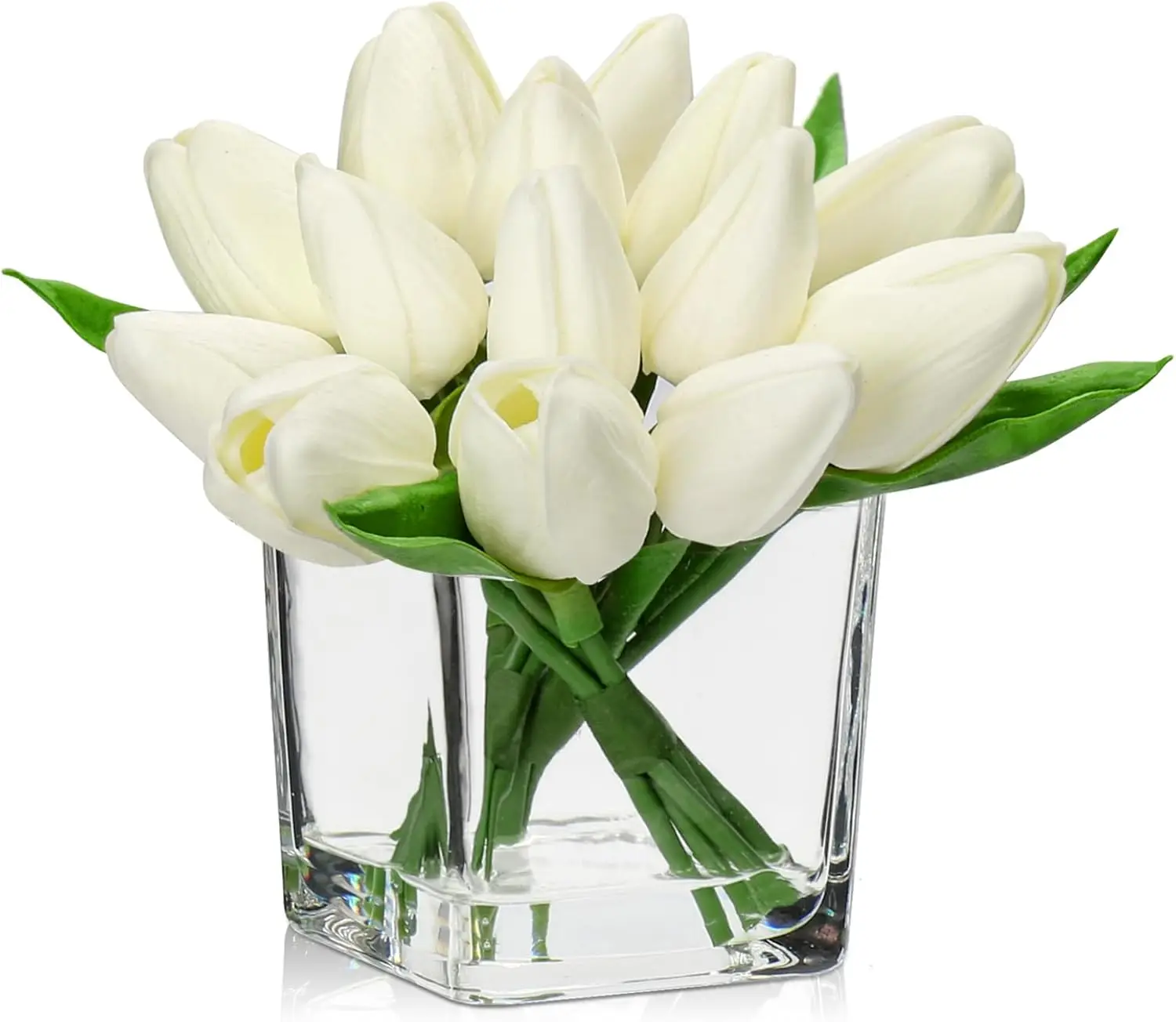 

Artificial White Tulips in Vase with Faux Water 5.5" Real Touch Flowers Fake Tulips Small Flowers Arrangement in Cube Gl