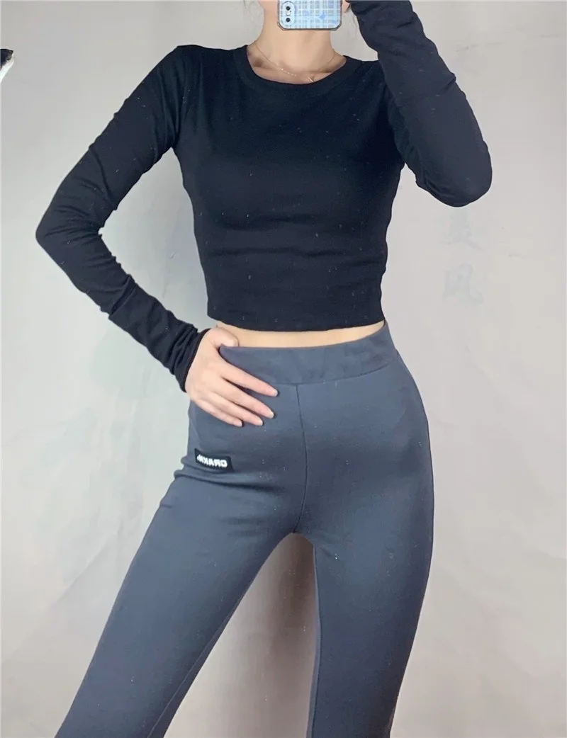 Top corto retrò sexy a vita alta Colore lungo Sve Polsino a doppio strato T-shirt ultra lunga Sve Street Sle Cotton T