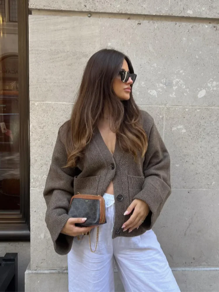 Vintage Knit Cardigan Women Casual Loose Big Sleeves V Neck Pockets Sweater Female 2025 Autumn Winter Solid Fashion Knitwears