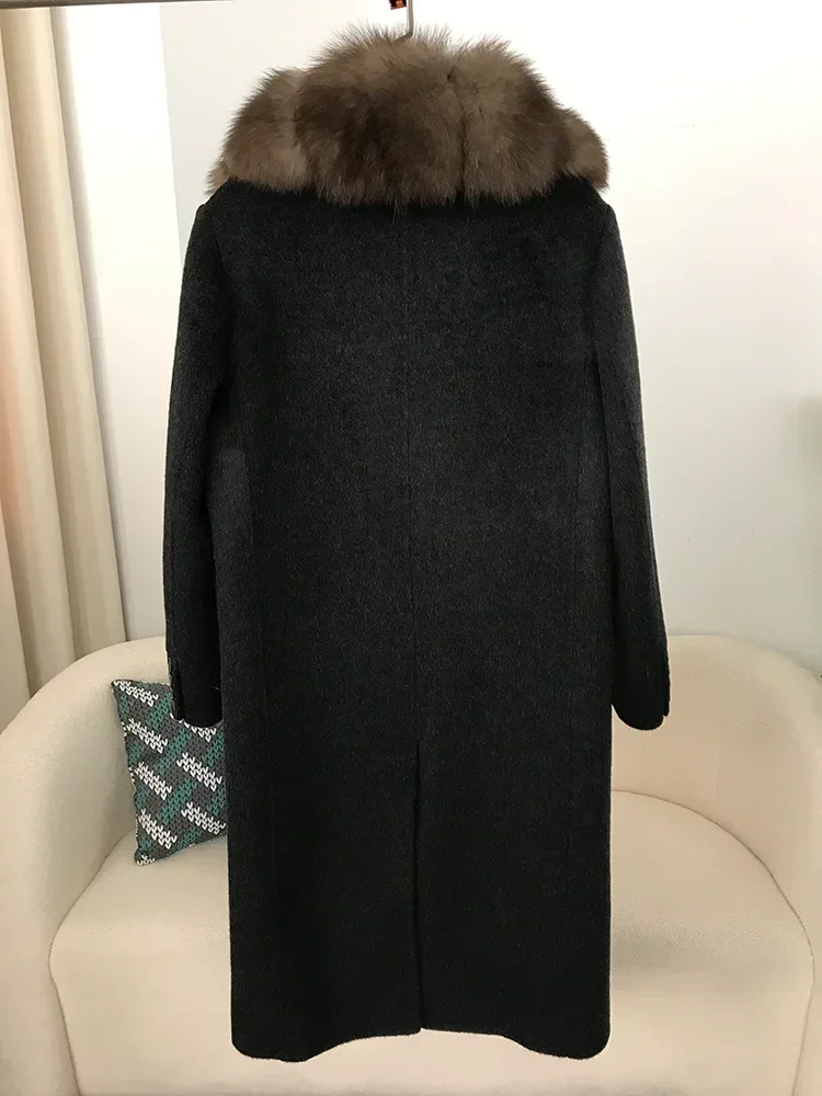 OFTBUY 2024 real fur coat spring winter jacket women natural fox fur collar hooded pocket x-long loose outerwear sweater knit