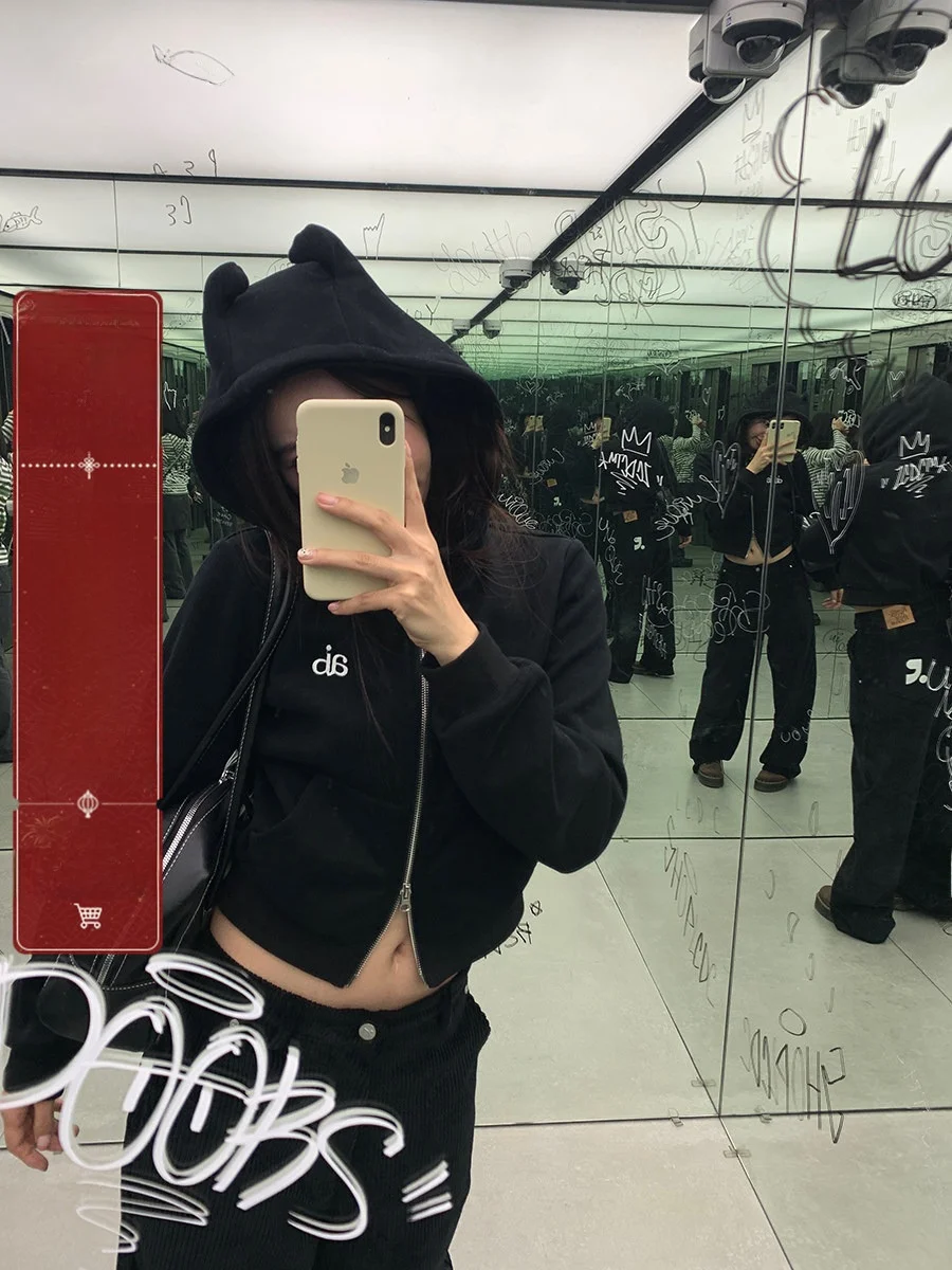 

Sinbounboun High-Rise Street-Sle Fce-Lined Толстовка на молнии Кардиган ort Женская повседневная верхняя одежда с надписями Jaet Devili