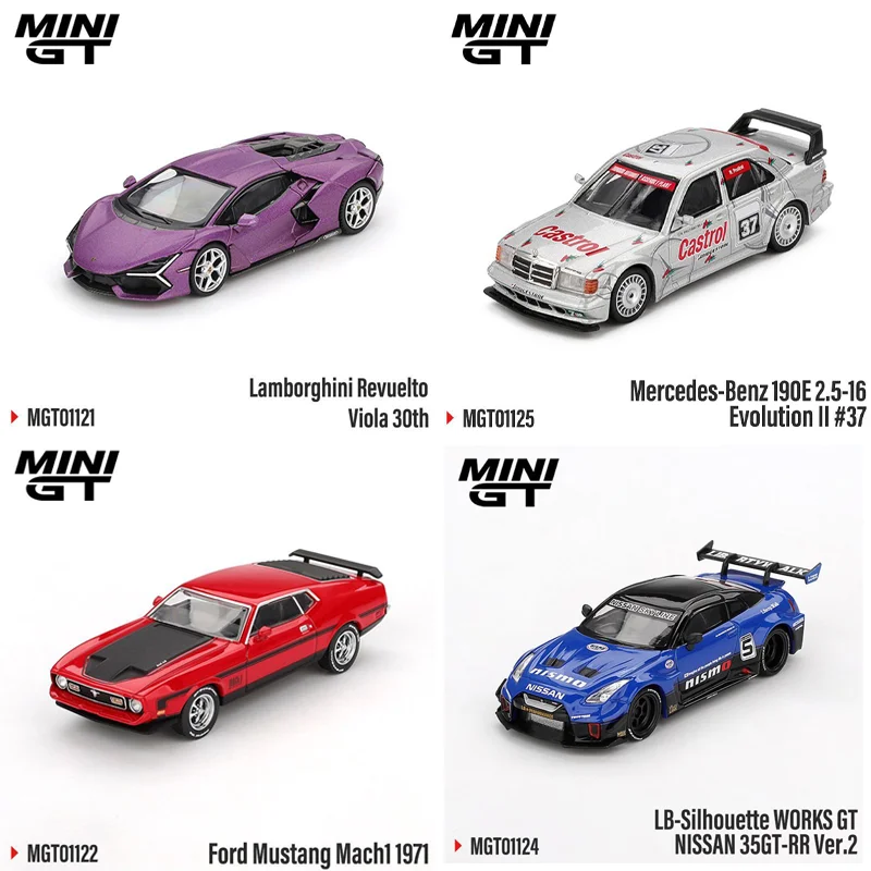 โมเดลรถ MINI GT 1:64 Lamborghini Revuelto สีม่วง รุ่นฉลองครบรอบ 30 ปี พร้อมรถ Mercedes-Benz 190E 2.5-16 Evolution II สีดำด้าน  วัสดุโลหะผสม สำหรับสะสมและตกแต่ง