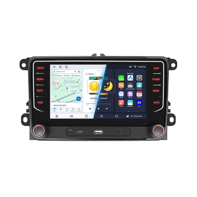 Junsun 7" Android Autoradio für VW / Volkswagen Skoda Octavia Golf 5 6 Touran Passat B6 Polo Jetta mit Typ-C USB-Anschluss, kabellosem CarPlay & Android Auto, GPS-Navigation, DSP, FM-Radio, RDS, WiFi,