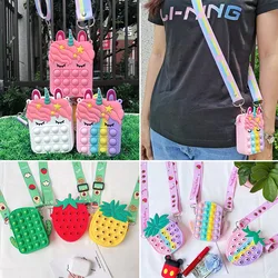 Bolsa de hombro de unicornio arcoíris para niños, juguetes de dedo para aliviar el estrés, monedero de burbujas para aliviar los dedos, regalos